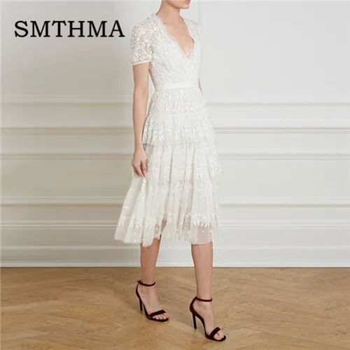 SMTHMA, высокое качество, новая мода, летнее подиумное платье, женское, v-образный вырез, короткий рукав, открытая вышивка, белое кружевное платье - Цвет: Photo Color