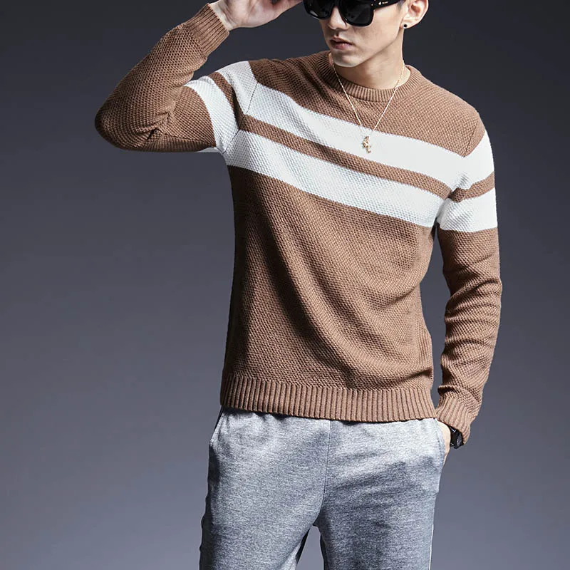 Новинка, модные брендовые свитера, мужские пуловеры, плотные Облегающие джемперы, вязаные полосатые осенние свитера с круглым вырезом, корейский стиль, повседневная мужская одежда - Цвет: Коричневый