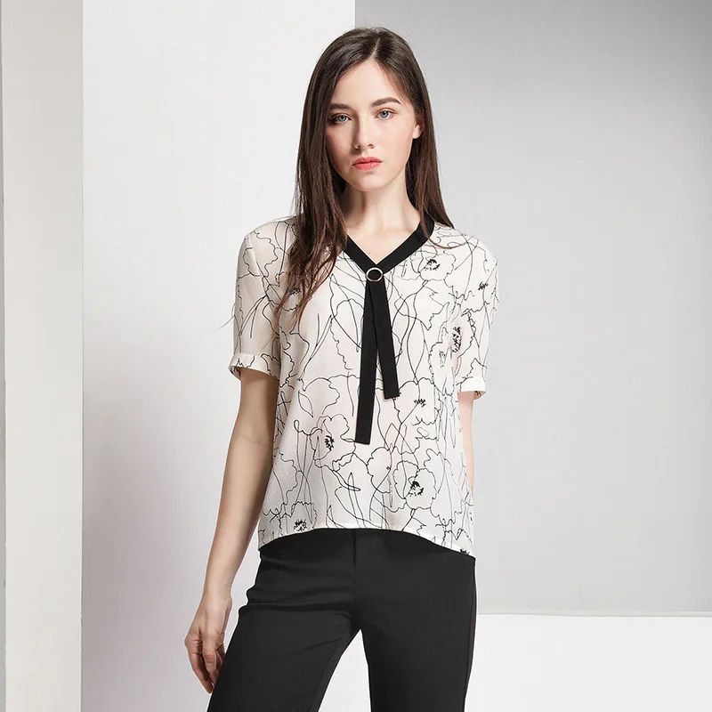 

Heavy Silk T Shirt Summer White Printing Short Sleeve Pullover Casual Loose Ladies Tops V Neck Ribbons Womens Clothing Aesthetic