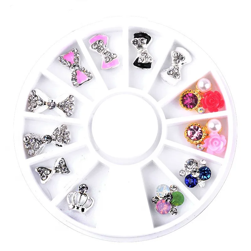 

1 Wheel (=12pcs) 3D Charms Alloy Rhinestones DIY Nail Art Decorations Bow Crown Resin Flower DIY Nail Jewelry Supplies