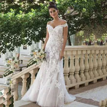 Свадебное платье трапециевидной формы с открытыми плечами, кружевной аппликацией, платье невесты, пуговицы на спине, свадебные платья, Vestido De Novia