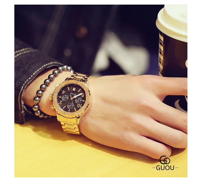 GUOU топ роскошные золотые наручные часы Для мужчин часы Полный Сталь модные Для мужчин S Часы Для мужчин часы Relogio Masculino erkek коль saati