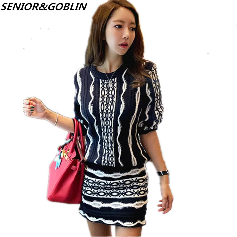 

2019 Autumn Runway Jacquard Striped Knitted 2 Piece Set Spring Women Black Long Sleeve Pullover Sweater+Pencil Mini Skirt S-XL