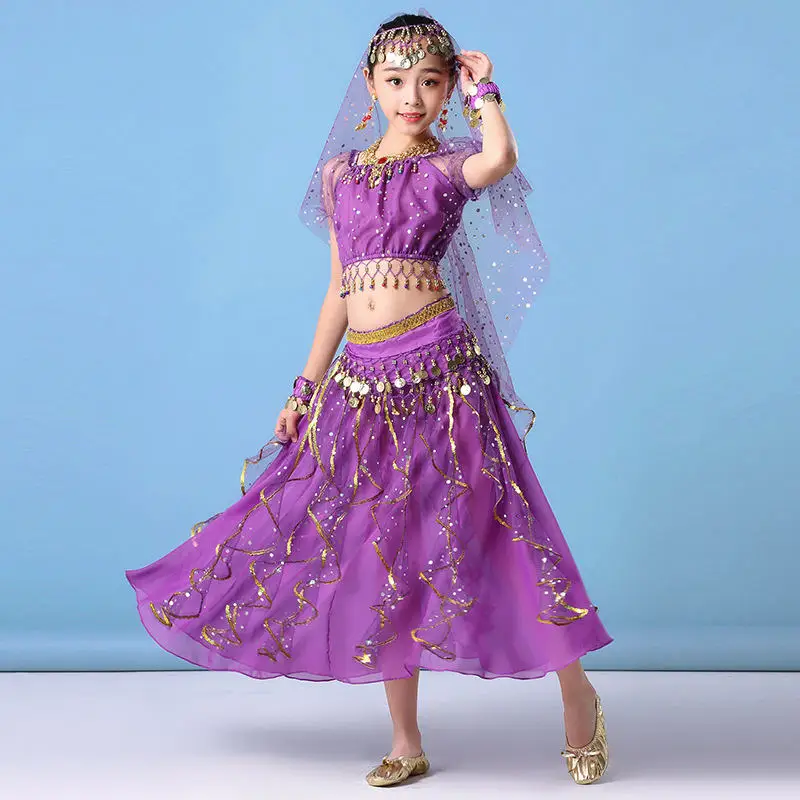 Детская одежда для детей сари наряд для выступлений костюм Болливуд с короткими рукавами для девочек, комплект из 5 предметов, много цветов - Цвет: purple
