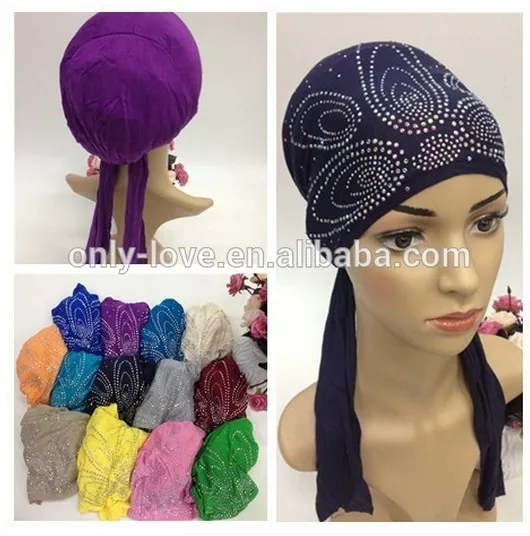 

(20 pieces/lot) 2016 jersey cotton crystal tie back underscarf,rhinestones muslim hijab caps SYF118