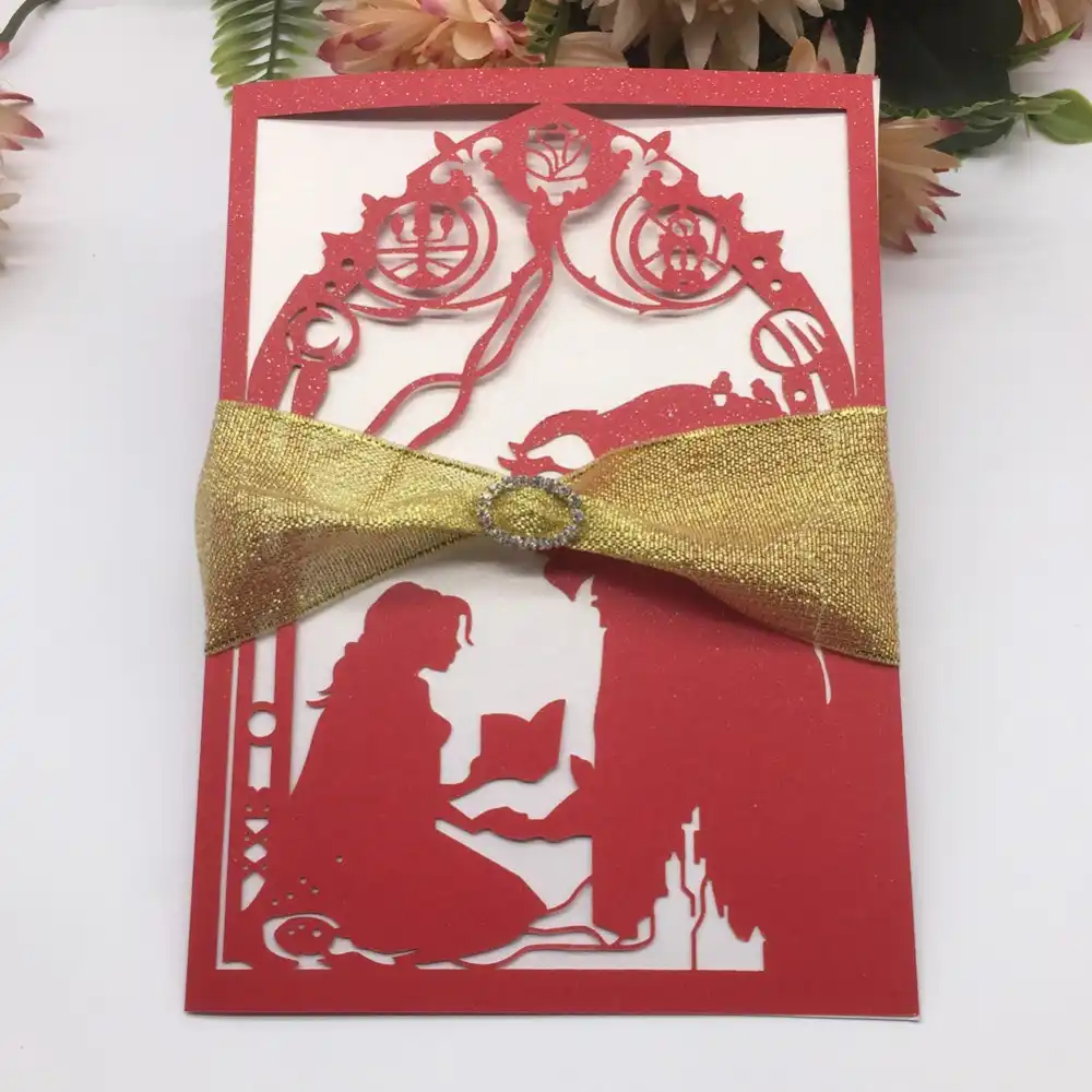 50pcs Lot Beauty And The Beast Wedding Invitations With Ribbon