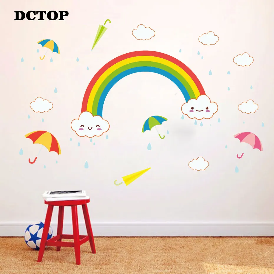 Cute Cloud and Rainbow umbrella Wall Decal Children's Kids DIY Art Vinyls Stickers Living Room Bedroom Home Decorative Wallpaper