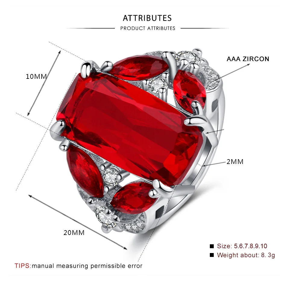 Роскошное 6 карат кольцо с большой Красной Квадратной огранкой сияющее AAA циркониевое кольцо с большими камнями CZ кольцо для женщин модное ювелирное изделие кольца на День святого Валентина