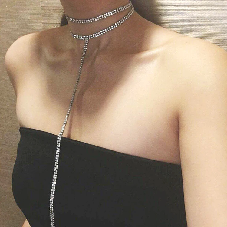 

Elegant sparkling crystal choker short necklace metal chain design luxury fashion trend collar necklace chain female
