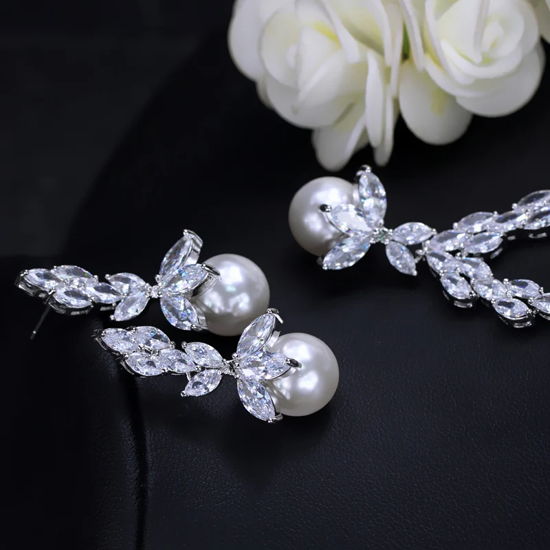 CWWZircons 3 шт. сверкающие CZ Висячие жемчужные свадебные вечерние цепочки и ожерелья Серьги Браслет Ювелирные наборы для женщин T252