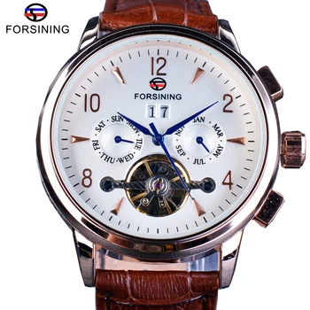 

Forsining Classic Tourbillion Design Genuine Brown Leather Strap Calendar Display Mens Watches Top Brand Luxury Automatic Clock
