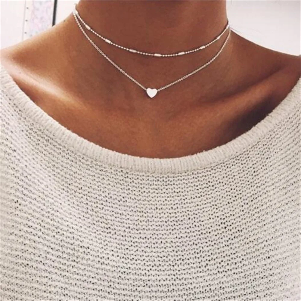 

ECODAY Boho Jewelry Layered Necklace Tiny Heart Chocker Necklace Women Gold Color Chain Necklace Collier Femme Ketting
