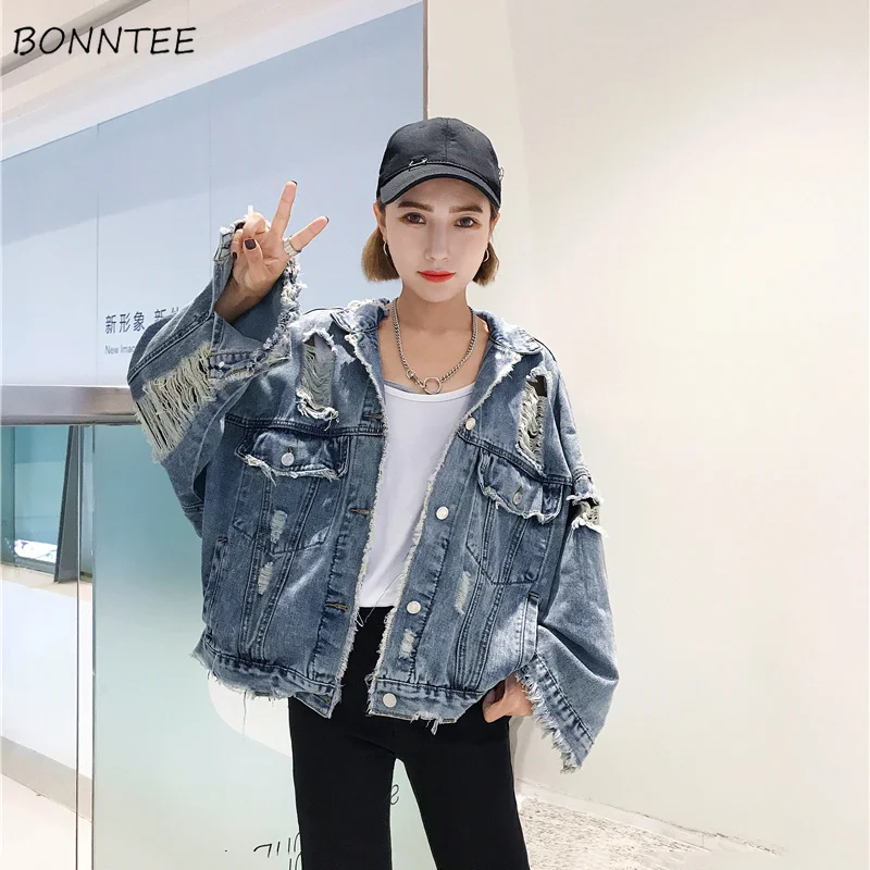 Куртки женские шикарные Весенние Новые корейские BF Harajuku кисточка отверстие женские s отложной воротник однобортный деним универсальные