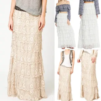 

New Fashion Double Lace Layer Chiffon Pleated Skirts Women's White Adult Tulle Skirt Elastic High Waist Pleated Long Skirt