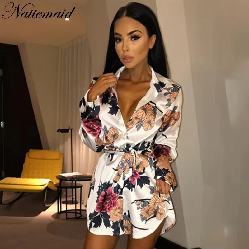 

NATTEMAID 2018 Summer Autumn High Waist Floral Print Dress Women Long Sleeve V Neck Sexy Dresses Club Casual Mini Dress Vestidos