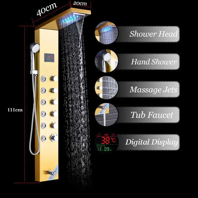 Черный душ с цифровым дисплеем панель Колонка светодиодный дождь водопад душ пилон душ со светодиодом панель системы - Цвет: Golden