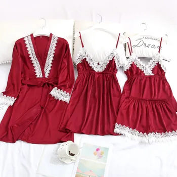 

Sleepwear Women Set 4 Pieces Satin Silk Lacing Robe Sleep Lounge Ladies Nightwear Lace Sexy with Chest Pads Pajama Sets MA50161