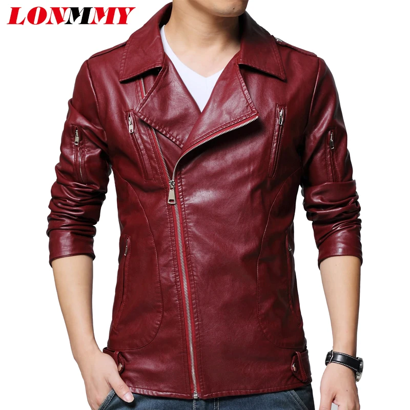 LONMMY Leather jacket men Oblique zipper PU Suede windbreaker mens leather coat jacket Outerwear Slim fit Red 2018 Autumn Spring