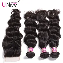 Волосы UNICE индийские натуральные волнистые 3 пучка с закрытием 100% человеческих волос Плетение 4 пучки волосы Remy наращивание натуральный