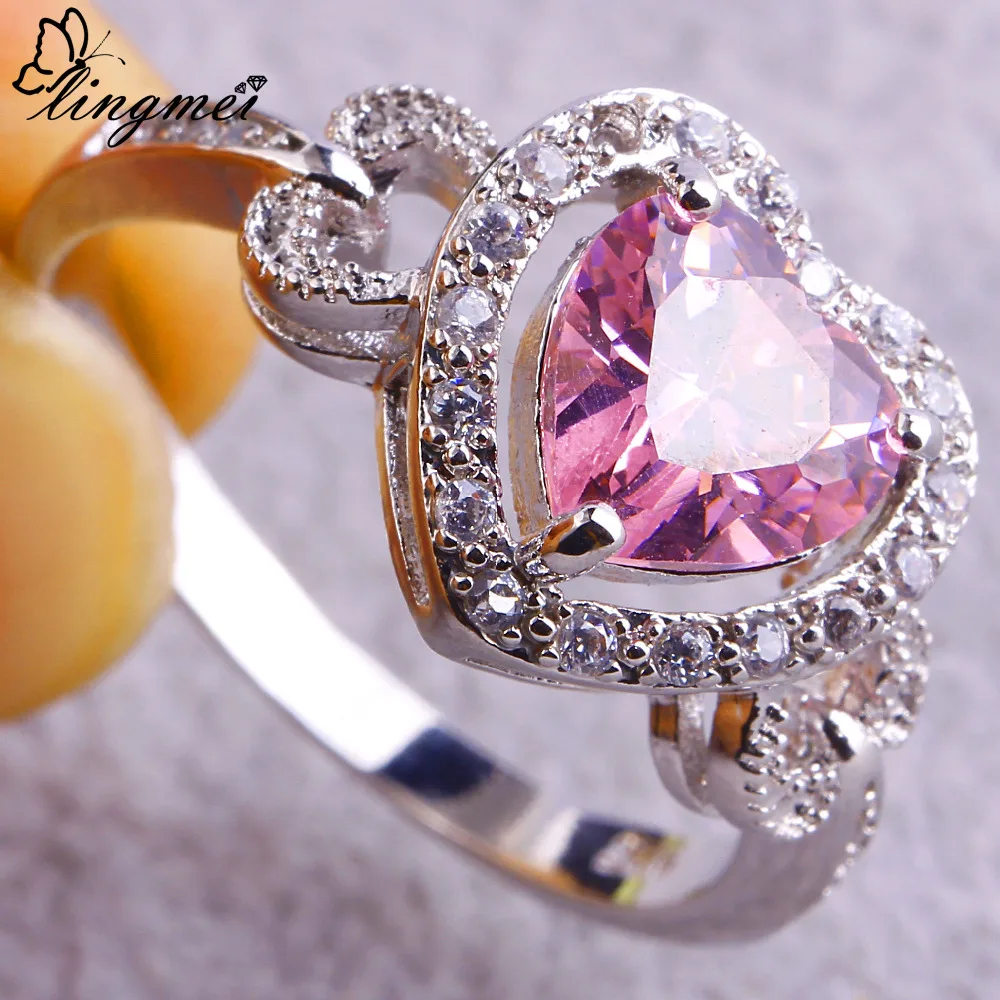 Женское романтическое кольцо lingmei Love розовое и белое серебряное с кубическим