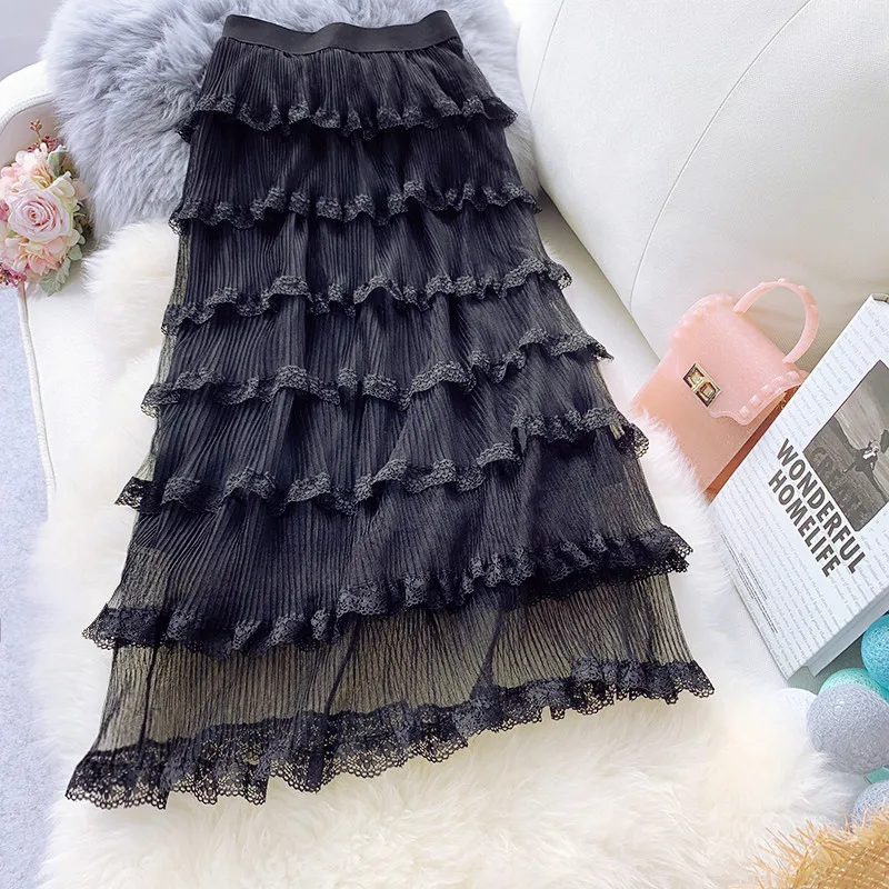 

AcFirst Spring Women Skirts Fashion High Waist Pleated Lace Skirt Ankle-Length Long Skirt Chiffon Clothing Mesh Transparent