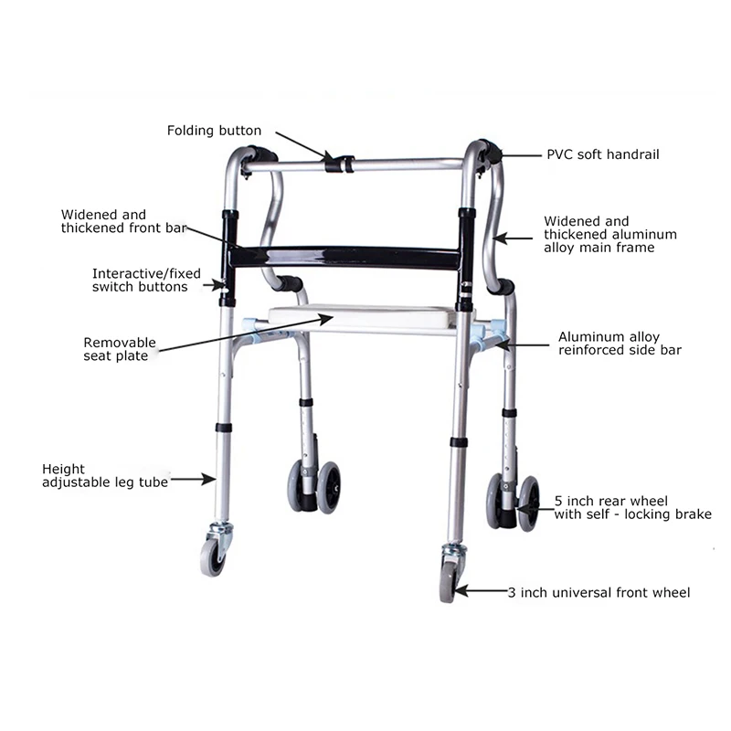 Ходунки из алюминиевого сплава, складные ходунки с табуретом и колесами для пожилых людей