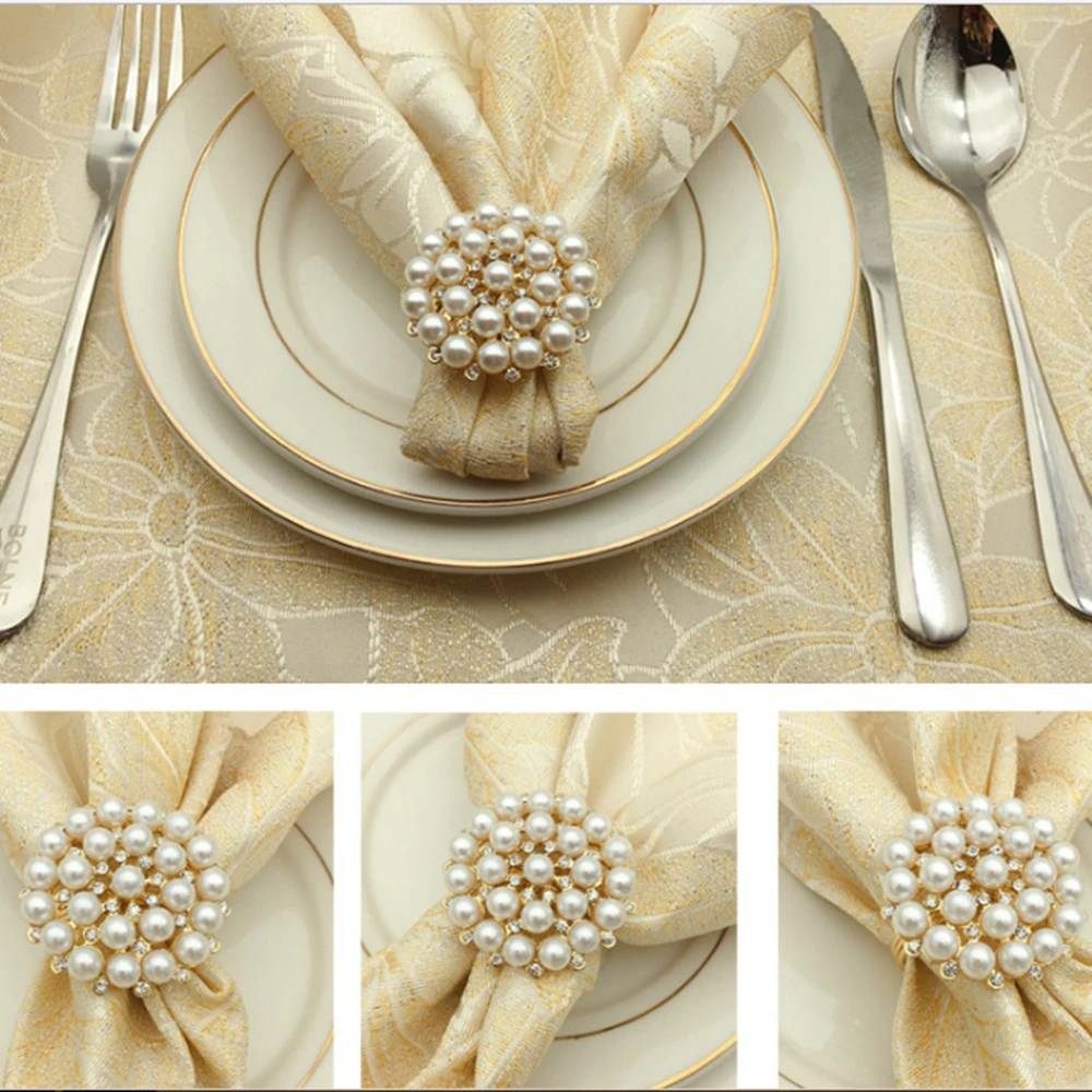 

12pcs SHSEJA Luxurious Napkin Hotel Wedding Supplies Napkin Ring Gold Plated Diamond Pearl Napkin Buckle Desktop Decoration