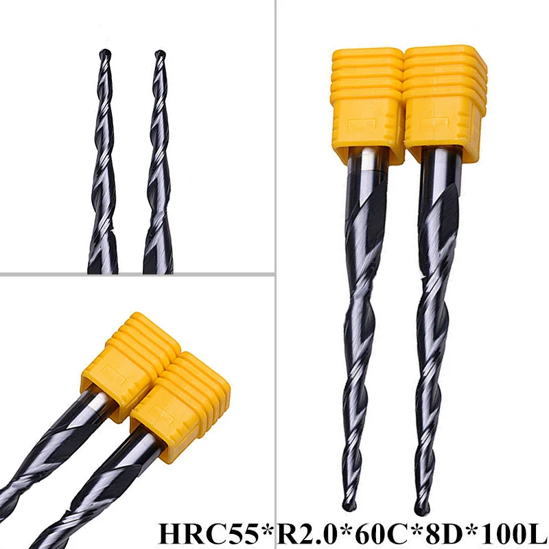 

2x End Mill Milling Cutter R2.0*60C*8D*100L 2 Flute 8MM Shank Carbide Tapered Ball Nose End Mill CNC Bit