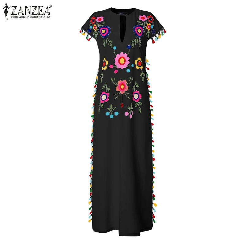 Богемный сарафан размера плюс, ZANZEA, женское летнее платье с коротким рукавом и цветочным принтом, Повседневное платье с разрезом и кисточками, Vestido Kaftan Femme