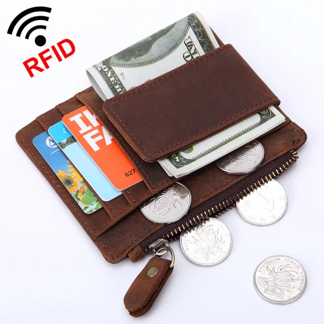 New Men Money Clips Vintage Mini Genuine Leather Rfid Wallet Male - new men money clips vintage mini genuine leather rfid wallet male front pocket clamp magic money