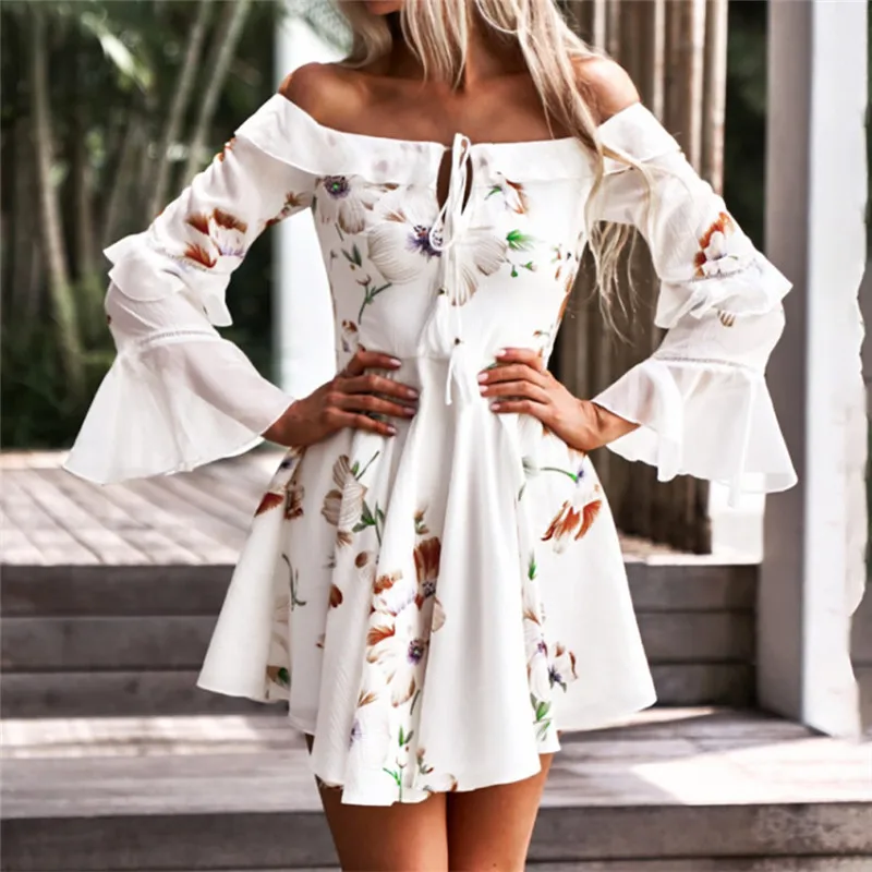 

JAYCOSIN Spring Dress Womens Long Sleve Off Shouder Boho Dress Evening Party Beach Dresses Fashion New Casual Vestido