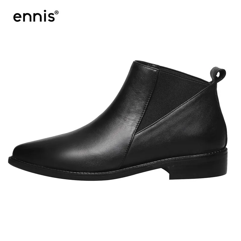 

ENNIS 2019 Black Chelsea Boots Ladies Genuine Leather Low Heel Knight Boots Pointed Toe Women Ankle Boots Fashion Autumn A987
