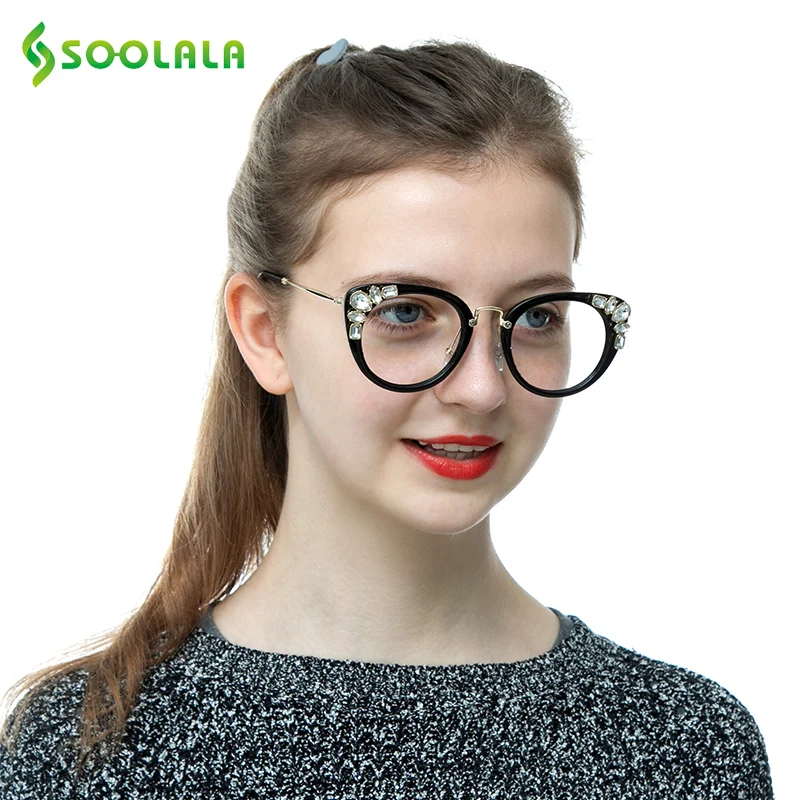SOOLALA Cateye Reading Glasses Womens Luxury Rhinestone Eyeglasses Leopard Black Purple Presbyopia Reading Glasses +0.5 to 4.0