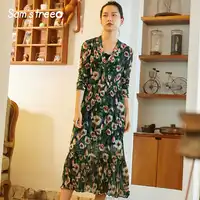 Samstree Vintage Chiffon Dresses Flower Print Long Sleeve Women Long Dress Elastic Waist Loose V-neck Female Vestidos