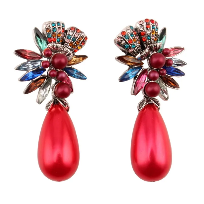 

Colorful Rhinestone Crystal Flower Bead Drop Simulated Pearl Earrings for Women Florate Brand Alloy Statement Dangle Earrings