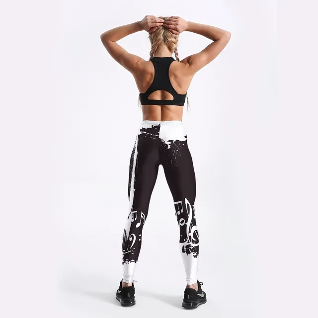 Qickitout Summer Style Fashion in Women Leggings Black and White Note Printed Leggings Mid Waist Pants Fitness Workout Leggings טייץ מצויר