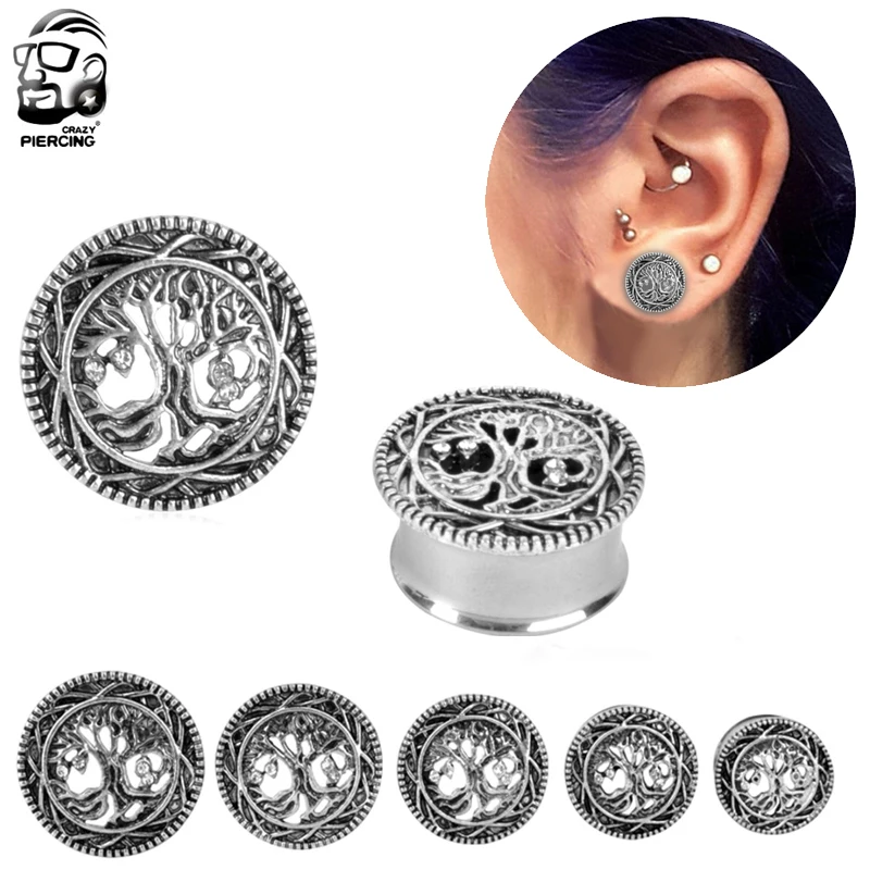 

2PCS Tree of life Design Screw Fit Steel Ear Plugs and Tunnels Piercings Ear Stretchers Gauges Expander Body Jewelry Piercings
