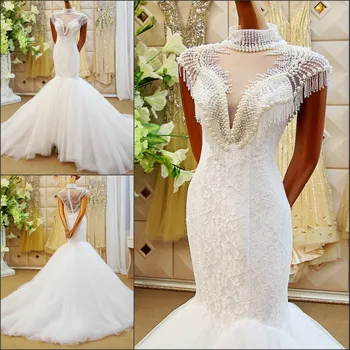 

Custom Made Sexy Luxury Mermaid Wedding Dresses 2019 Heavy Pearls Lace Appliques Bridal Dresses Vestido De Noiva IZ377