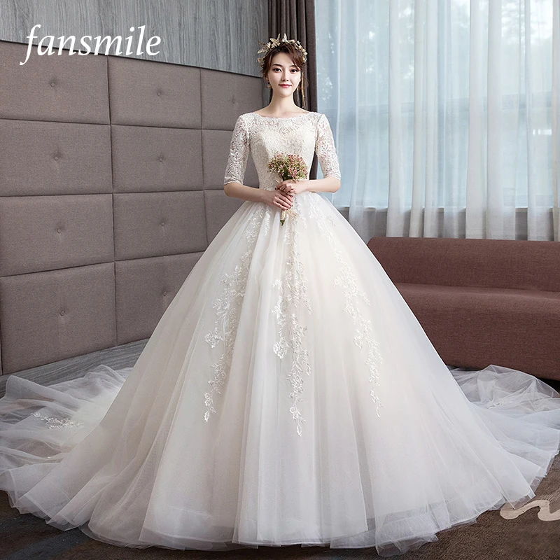 Fansmile длинный шлейф Vestido De Noiva кружевные платья Свадебные платья рукава на заказ Плюс Размер Свадебные тюлевые FSM-539T