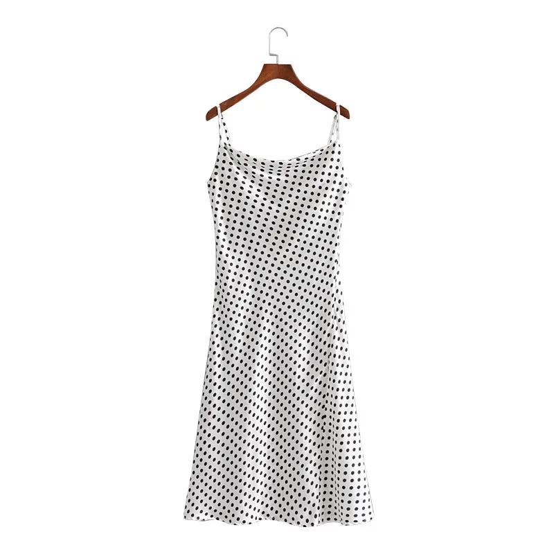 

QZ196 Spring Summer Retro Dot Print Spaghetti Strap Dress Soft Faux Silk sleeping Dresses Vestidos