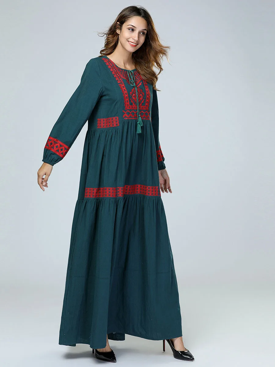 Повседневное вышивка Абая, для мусульман Рамадан Ближний Восток Костюмы Цветочные Макси платье Сгущает Теплый халат длинные халаты
