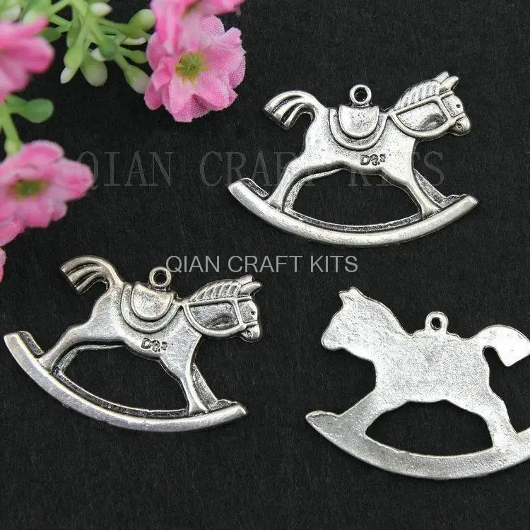 50pcs large rocking horse antique silver zinc alloy flatback charm drops DIY Supplies for Jewelry Making 41*27mm 3d riding