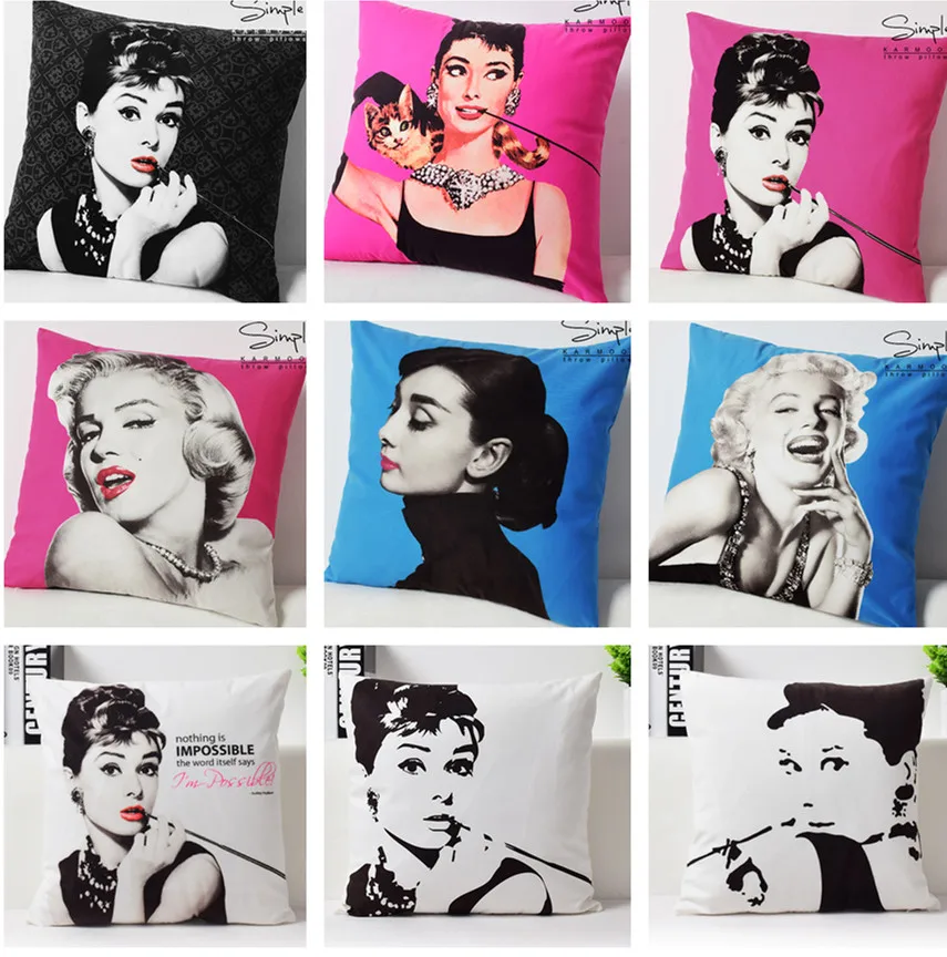 

Vintage Audrey Hepburn Decorative Pillows Case Marilyn Monroe Velvet Cushion Cover Home Pillowcase Sofa Black White Pillow Cover