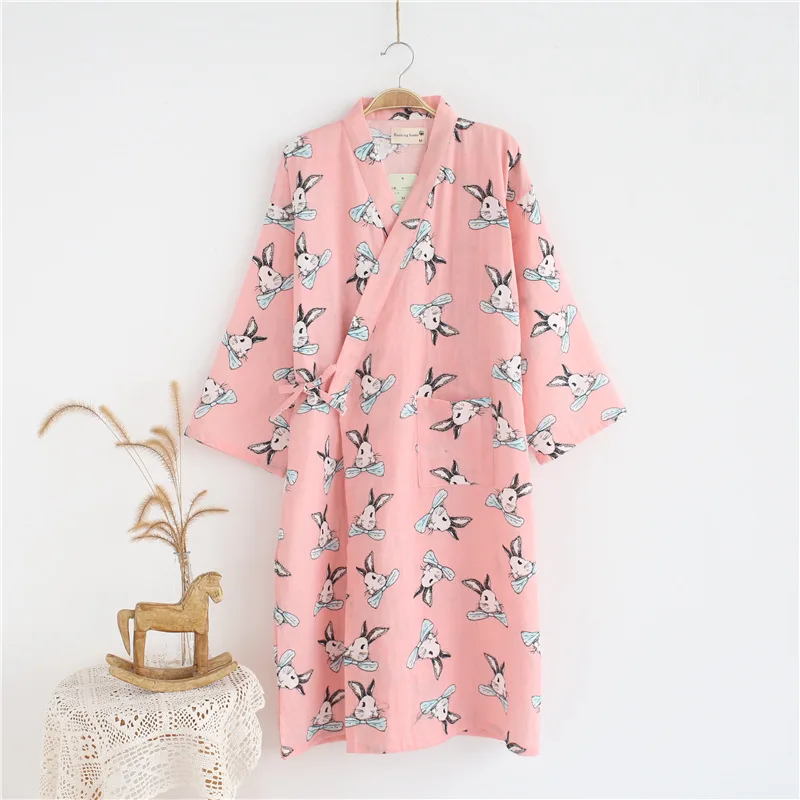 New Cotton Double Gauze Bathrobe Cartoon Rabbit Summer Thin Robe Home Leisure Pajamas Kimono Bath Long Sheer Robes