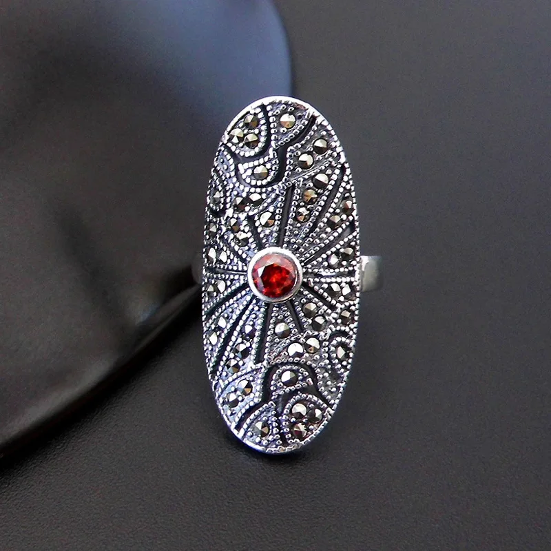 

FNJ 925 Silver Statement Ring Fashion S925 Sterling Thai Silver Rings for Women Jewelry Adjustable Size Red Zircon