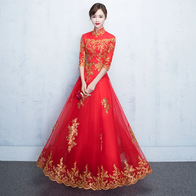 

Asian Bride Spring Wedding Dress Chinese Traditional Embroidery Flower Cheongsam Lace Elegant Mesh Dress Gown Size XS-XXXL