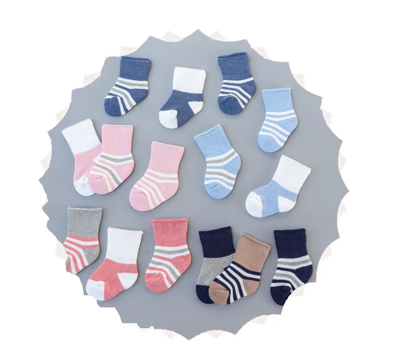 Детские хлопковые носки на осень и зиму, 3 пар/лот, полосатые носки для маленьких мальчиков и девочек, теплые плотные носки для детей 1-3 лет