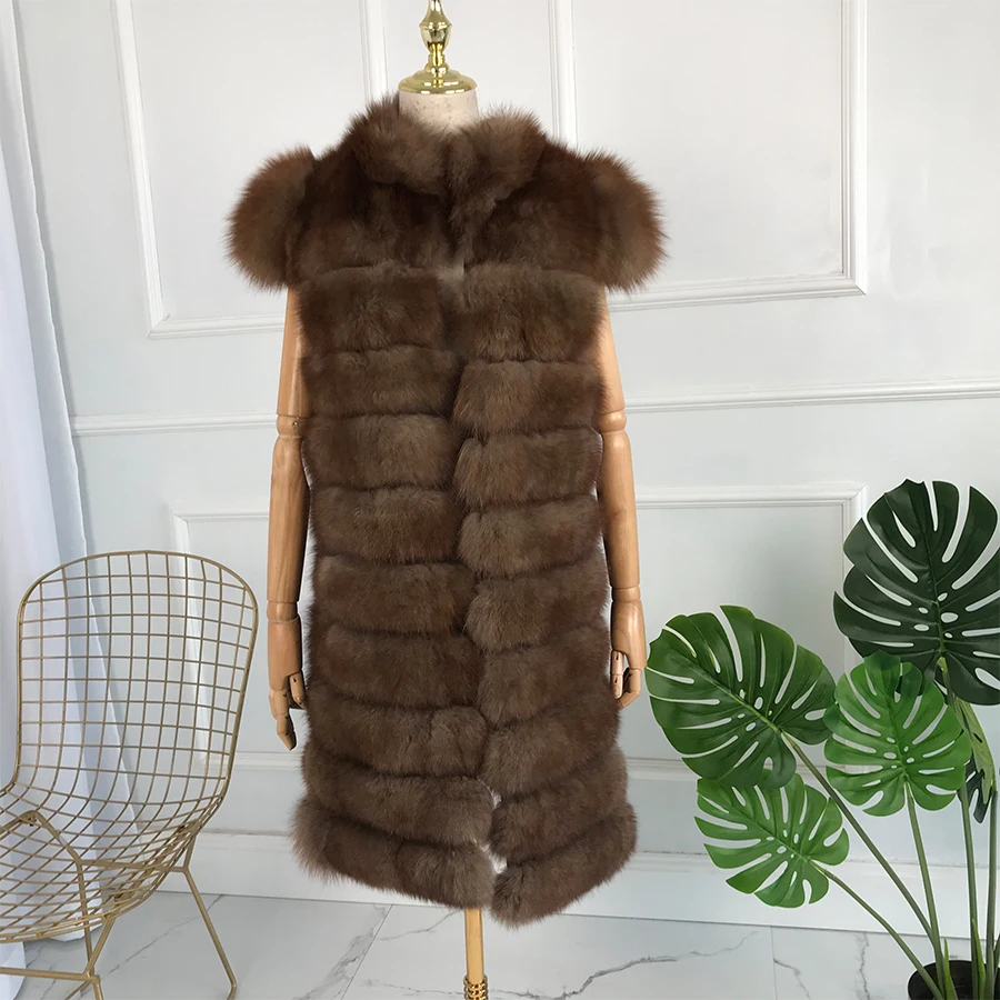 

CNEGOVIK NEW women fox vest suit collar long real fur vest 85 cm