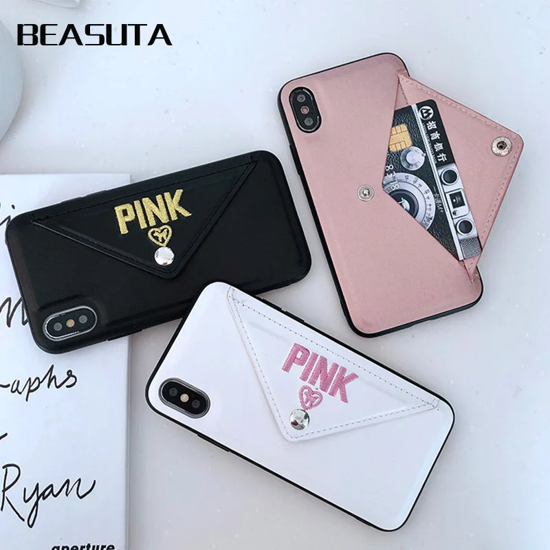 

Luxury PINK Brand Glitter Embroidery Leather Victoria Leather Pink Case for iPhone XS MAX XR X 7 8 Plus 6 6s Plus X Phone Secret
