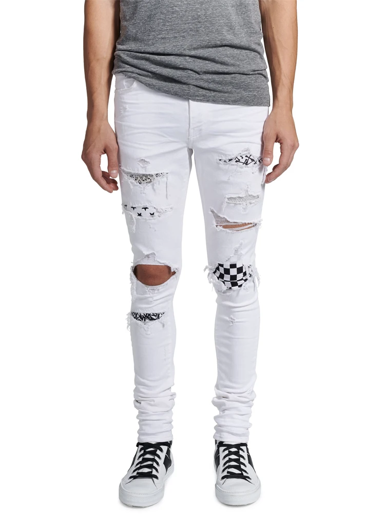 Высокая уличный стиль Для мужчин джинсы белый Цвет Skinny Fit хип-хоп джинсы стрейч панк брюки Baplein Марка Уничтожено Рваные джинсы Для мужчин